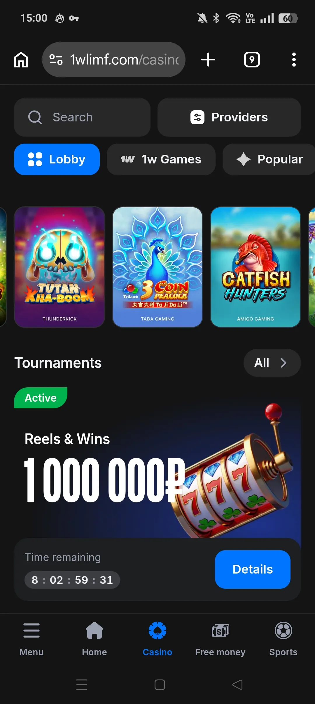 1win mobile casino lobby screenshot