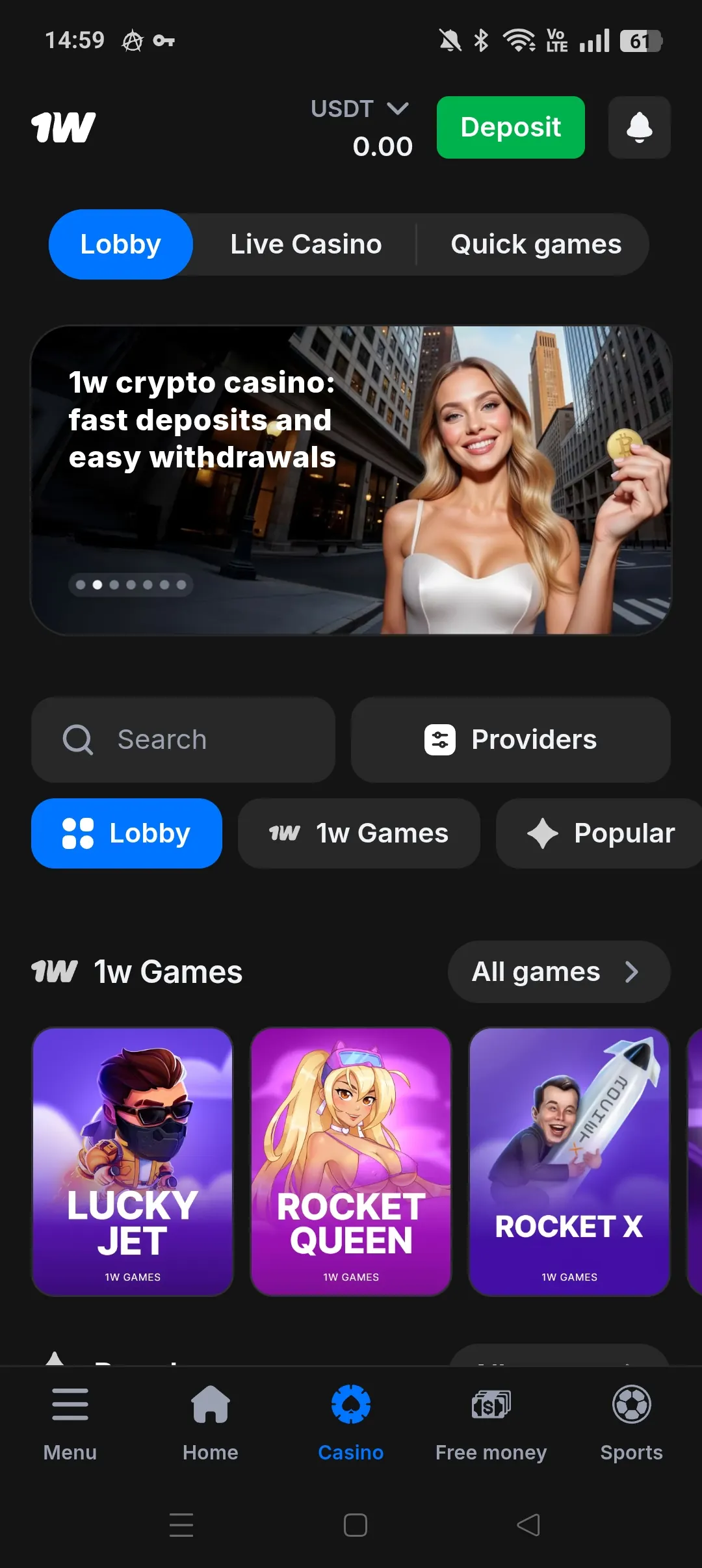1win mobile home screenshot