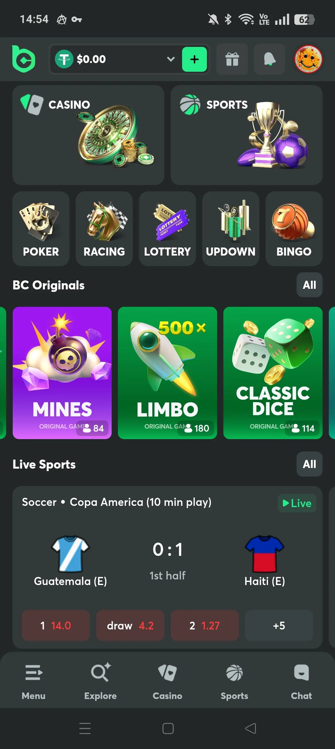 BC.Game mobile casino lobby screenshot