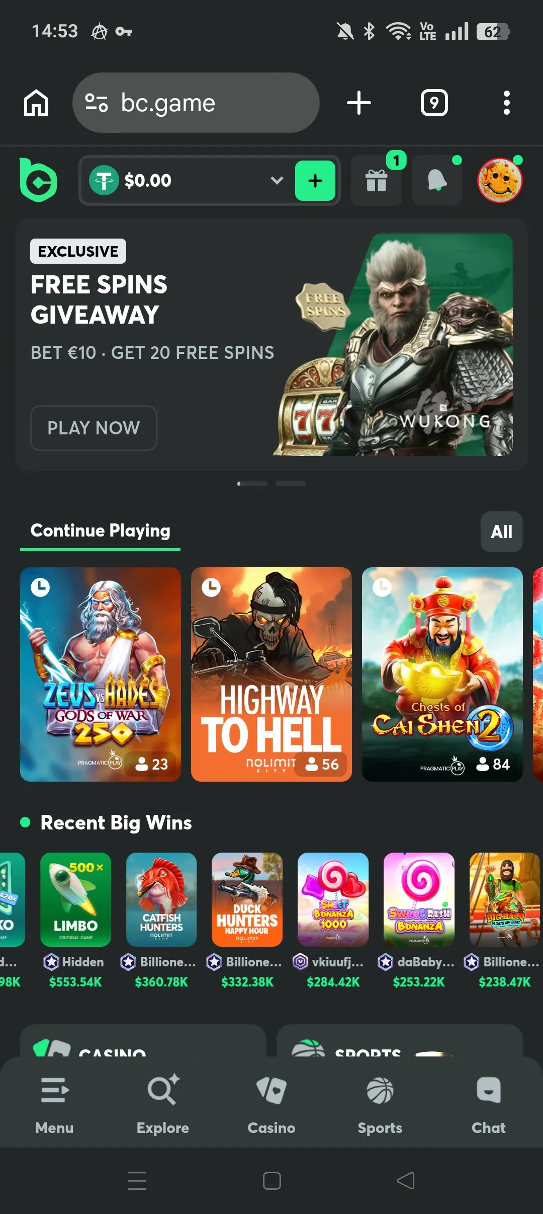 BC.Game mobile home screenshot