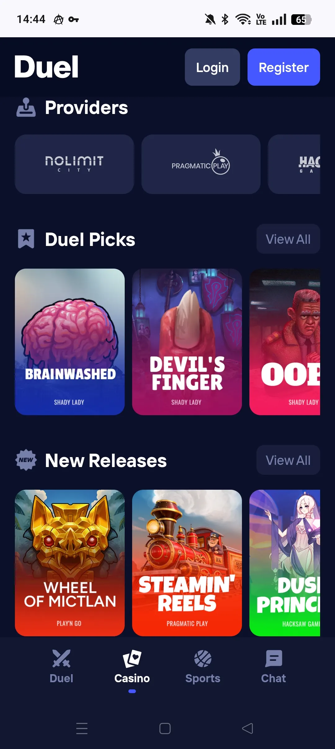 Duel mobile casino lobby screenshot