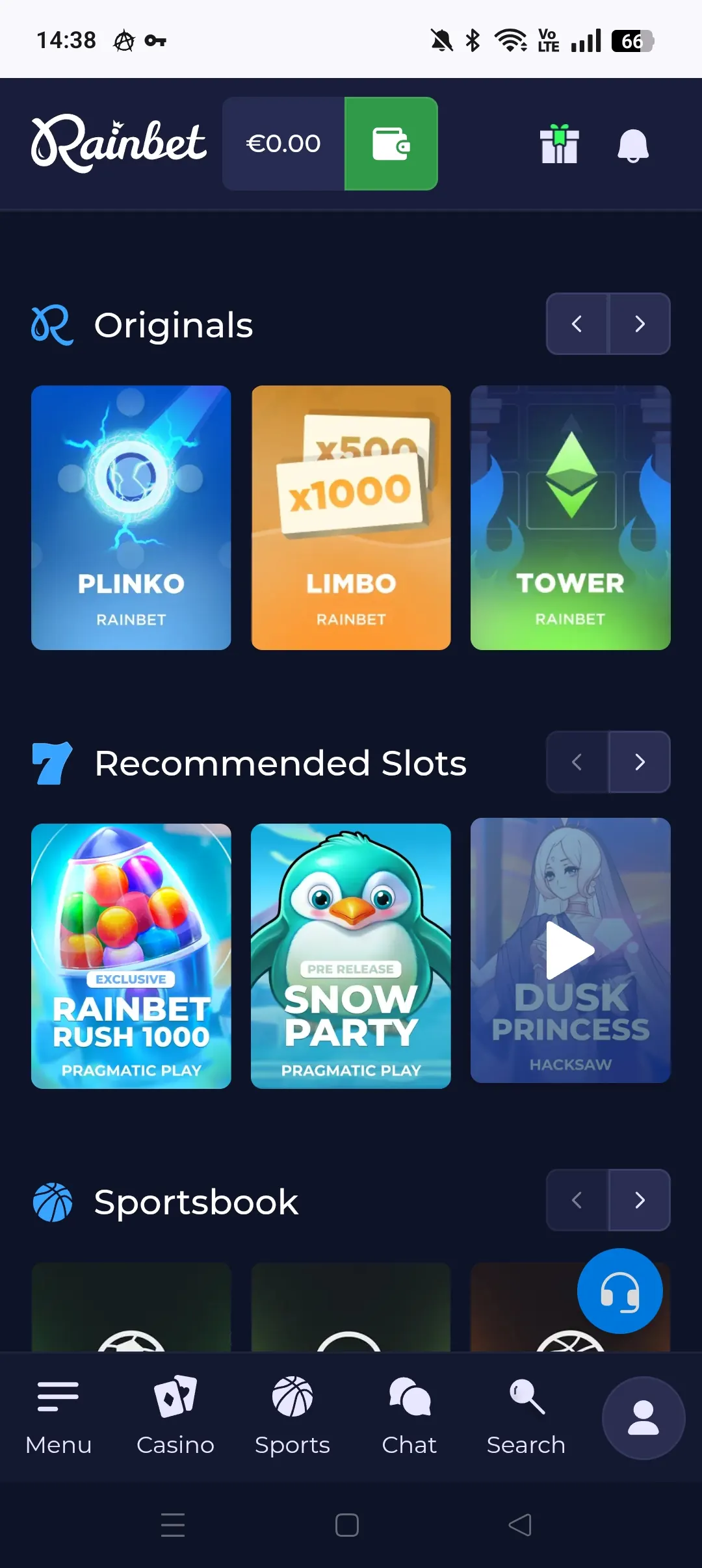 Rainbet mobile casino lobby screenshot