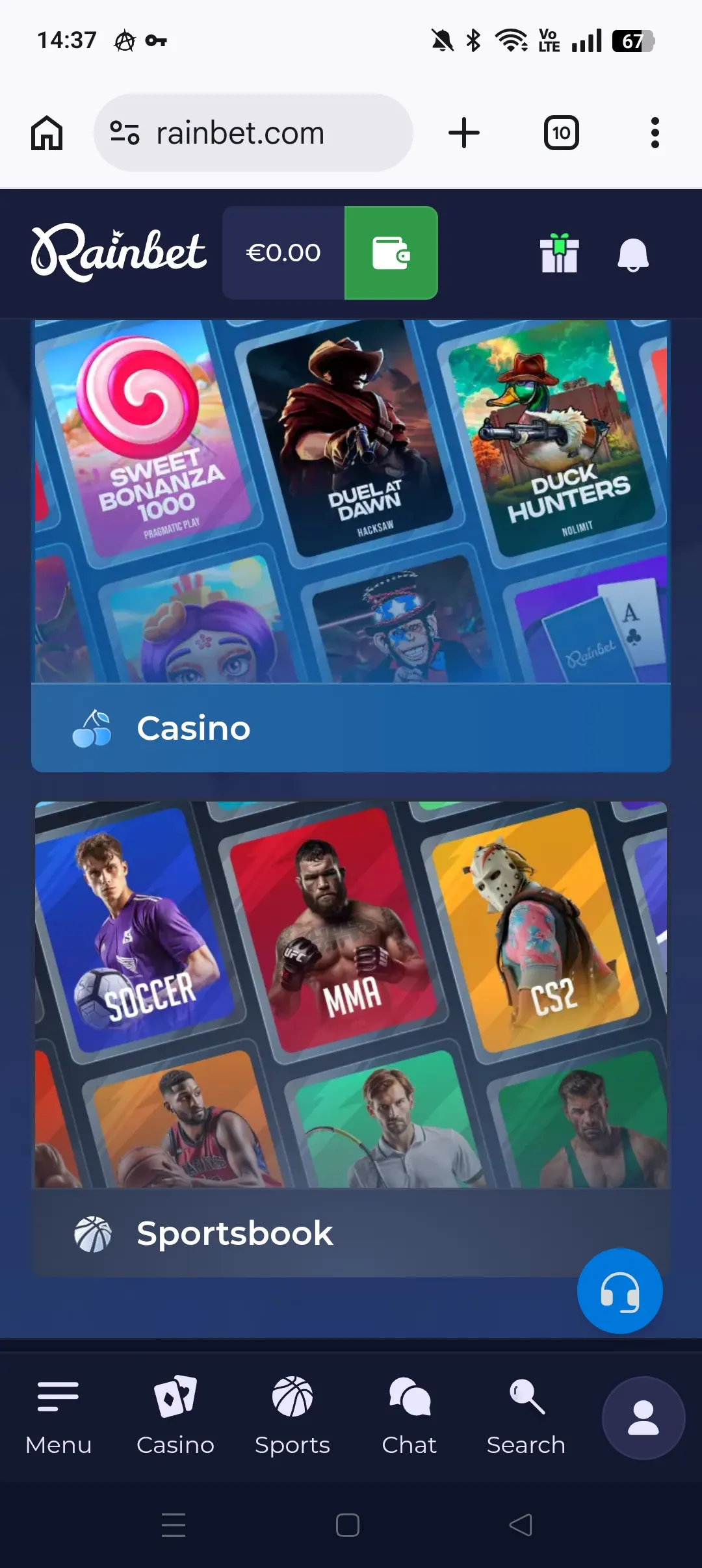 Rainbet mobile home screenshot