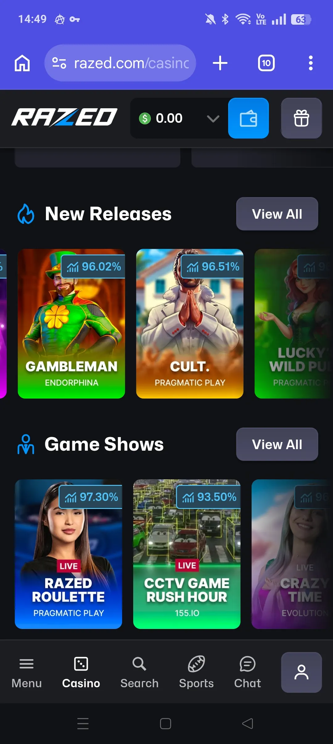 Razed mobile casino lobby screenshot