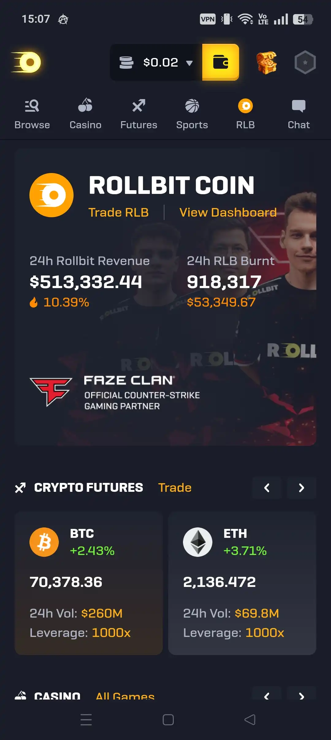 Rollbit mobile casino lobby screenshot