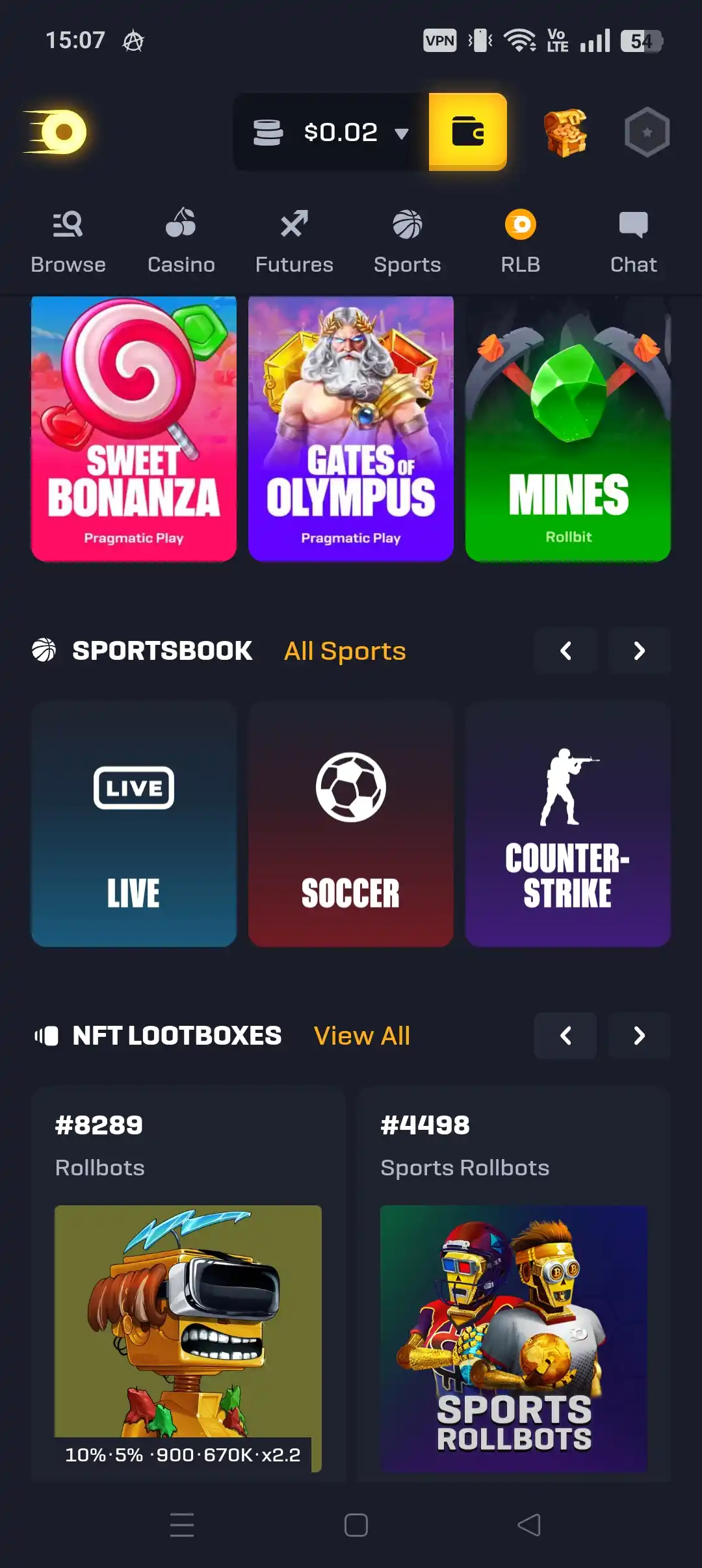 Rollbit mobile home screenshot