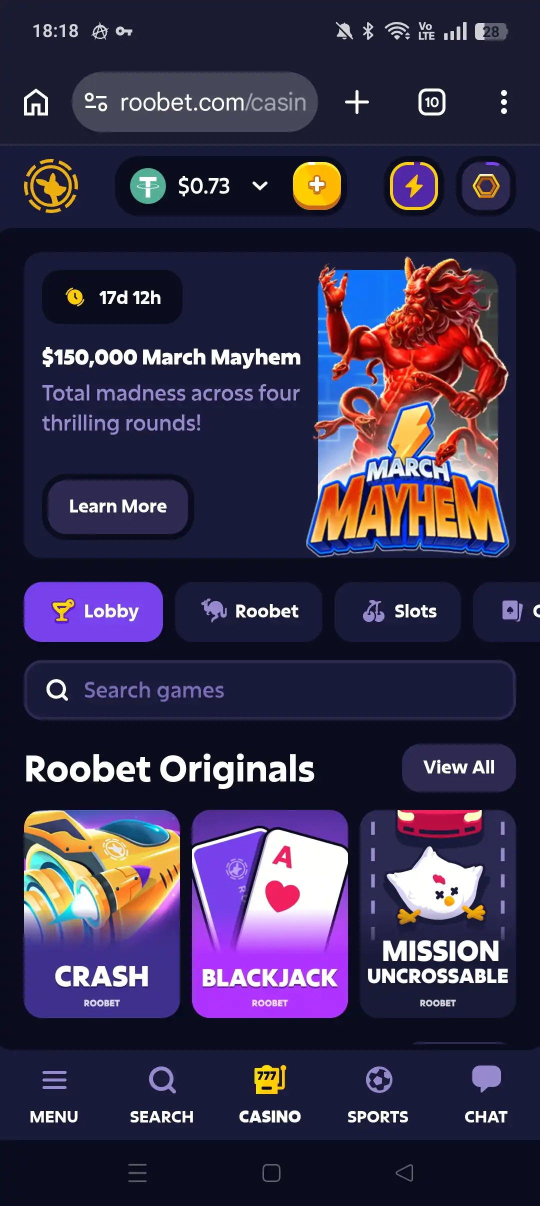 Roobet mobile casino lobby screenshot