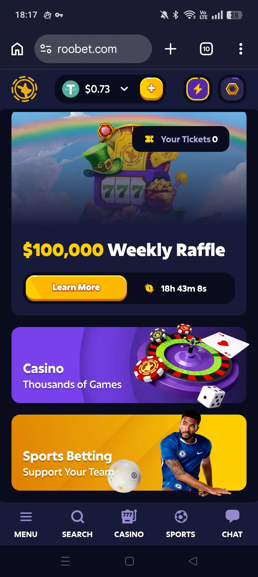 Roobet mobile home screenshot
