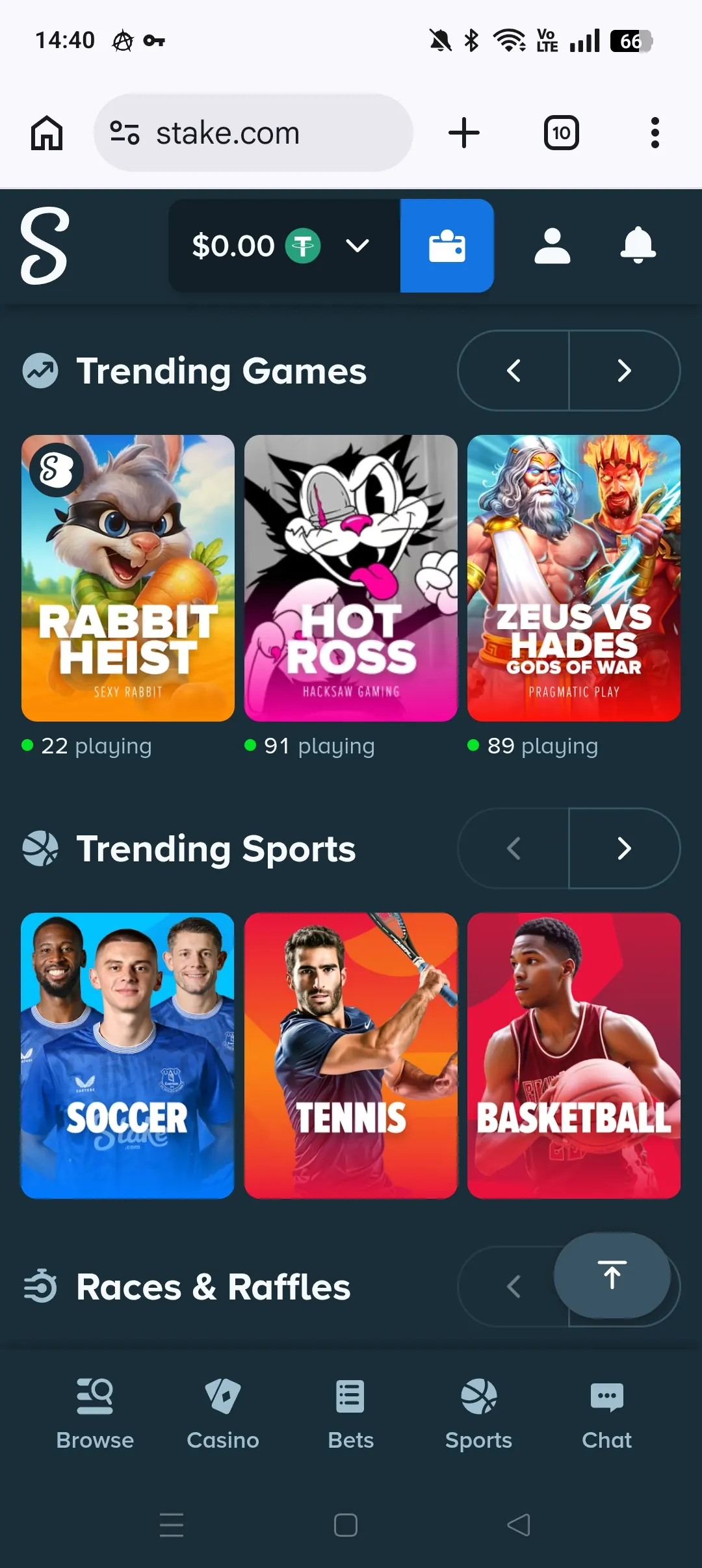 Stake mobile casino lobby screenshot