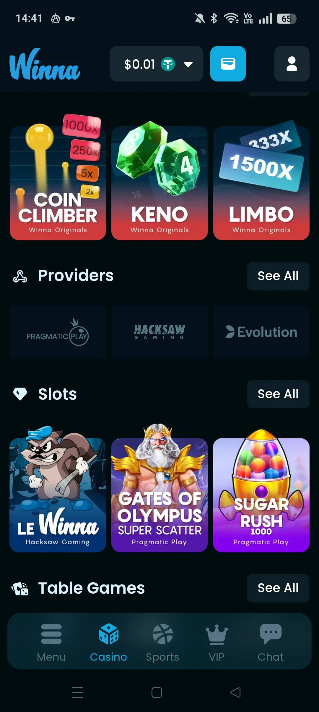Winna mobile casino lobby screenshot